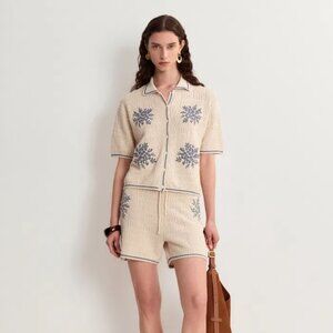 Gracia Embroidered Blue Flora Collared Top and Shorts Matching Set in Linen